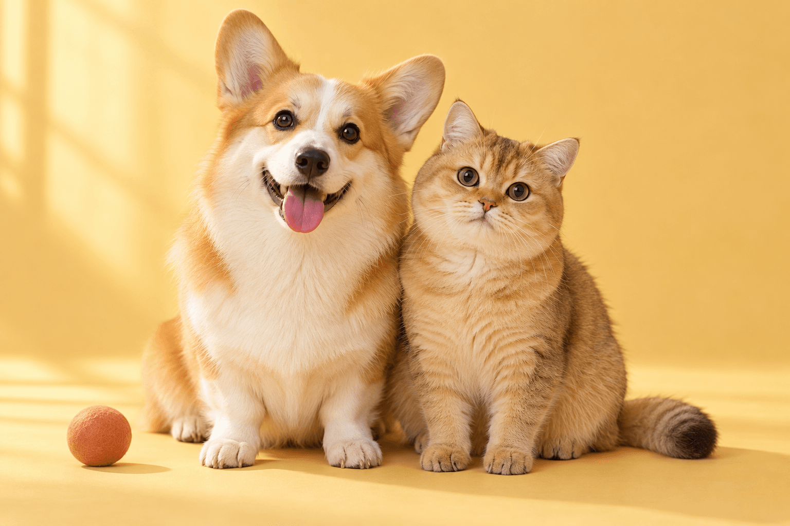 A corgi and a golden cat sitting together